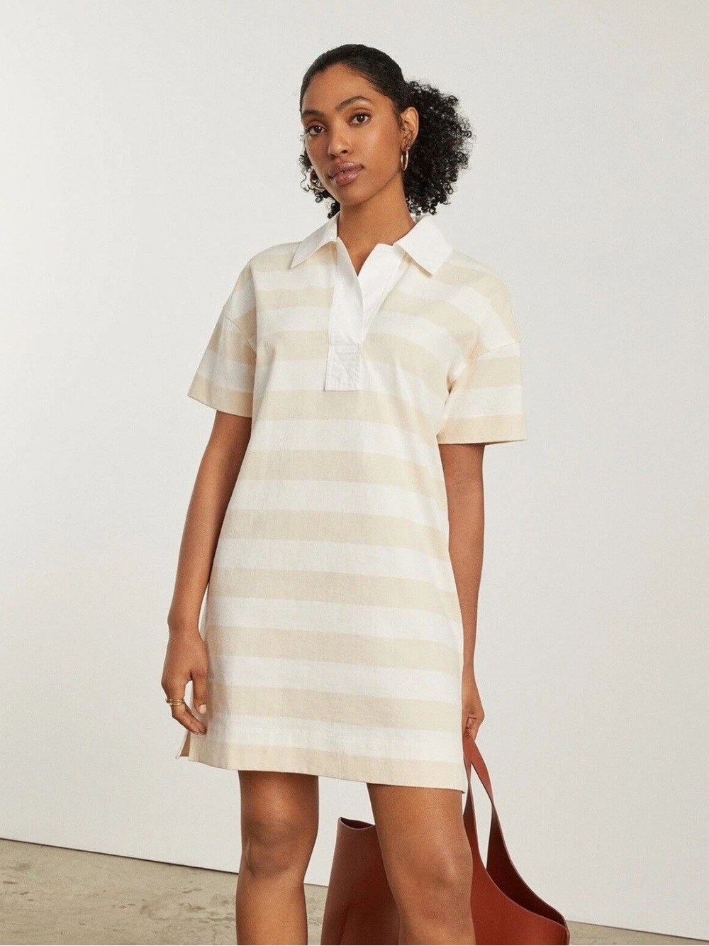 Everlane The Organic Cotton Polo Dress Short Sleeve Beige Striped Size S NWT